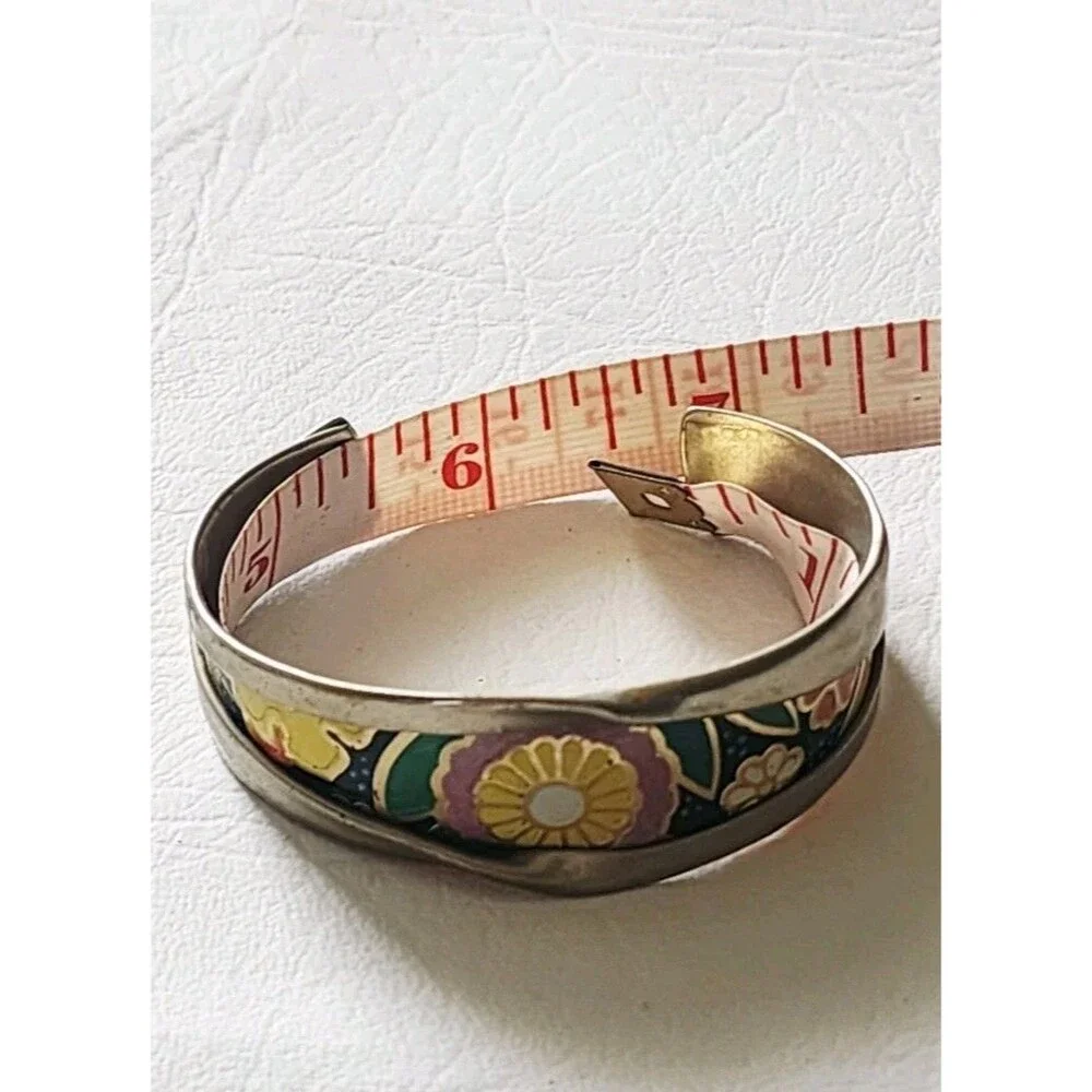 Vintage Silvertone Floral Enameled Foldover Design Cuff  Bracelet 6.5